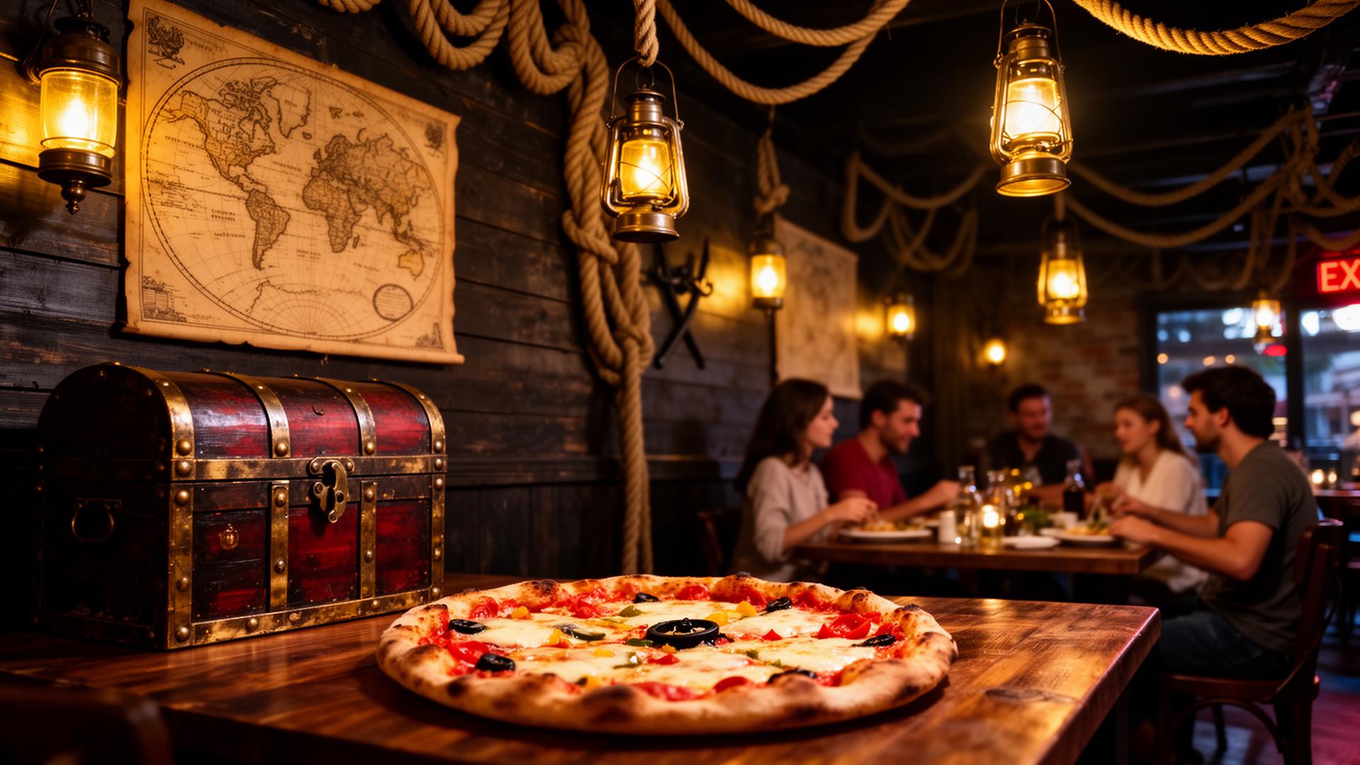 Salão temático pirata da Pizzaria Baú do Tesouro em Penha SC